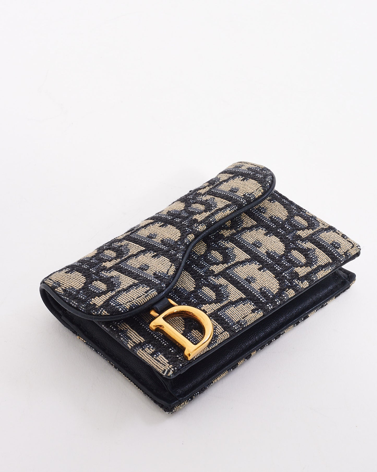 Portefeuille porte-cartes en jacquard oblique en toile bleue Dior