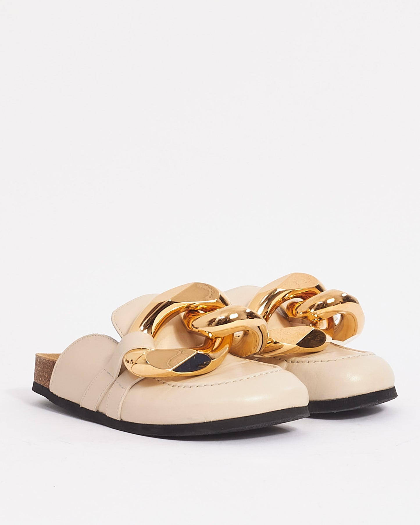 JW Anderson Beige Leather with Gold Chain Round Toe Leather Mules - 35