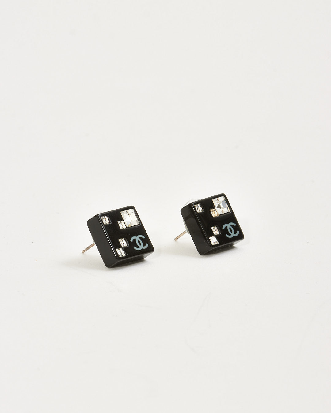 Chanel Black Cube Crystal Detail Earrings