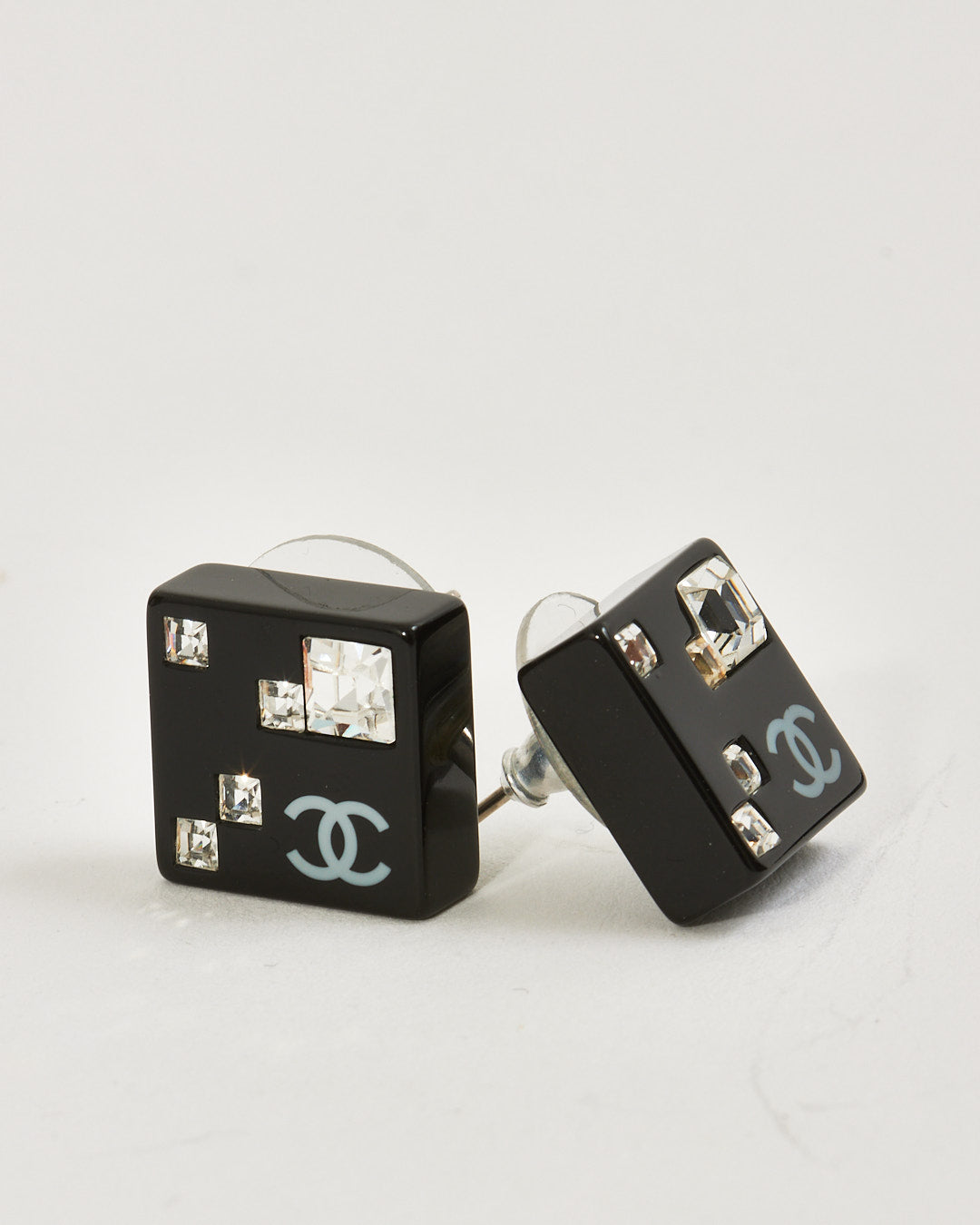 Chanel Black Cube Crystal Detail Earrings