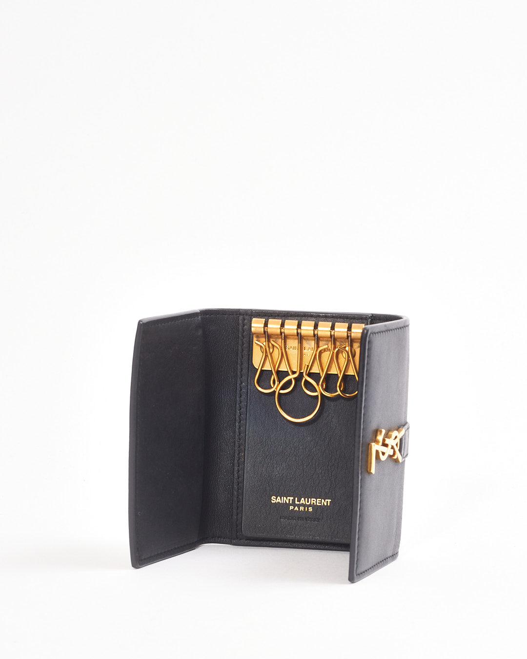 Porte-clés monogramme en cuir lisse noir Saint Laurent