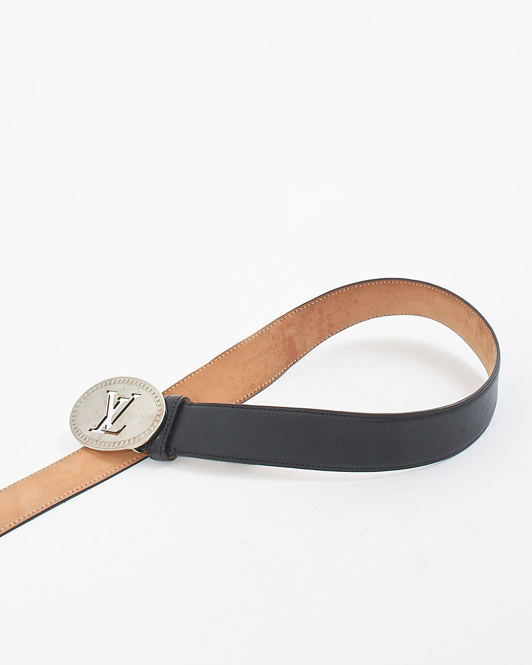 Louis Vuitton Black Leather Oval Logo Belt - 90/36