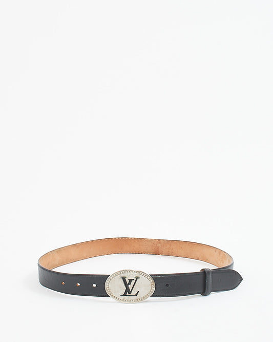 Louis Vuitton Black Leather Oval Logo Belt - 90/36