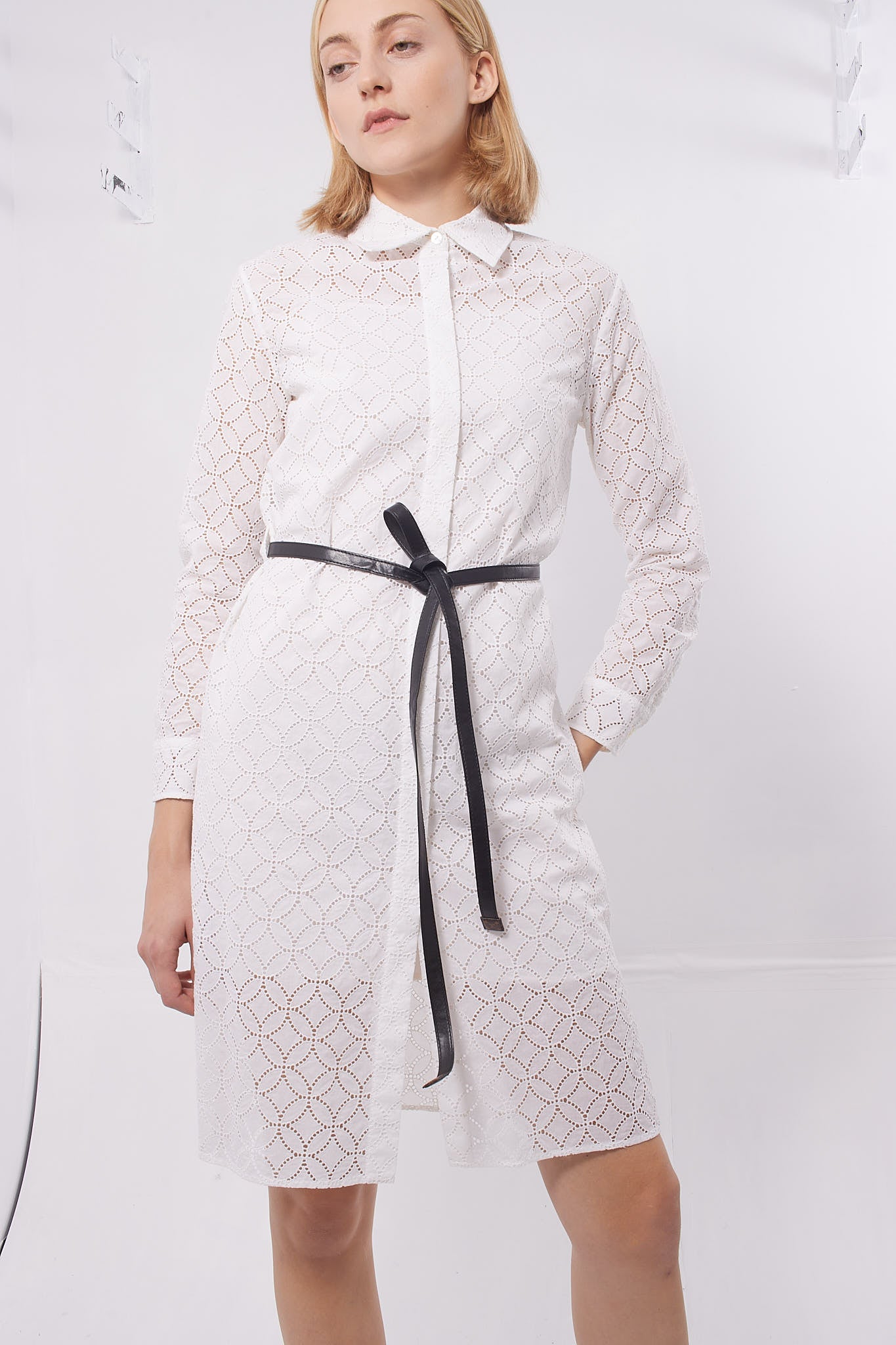 Louis Vuitton White Perforated Button Down Dress with Wrap Belt - 34