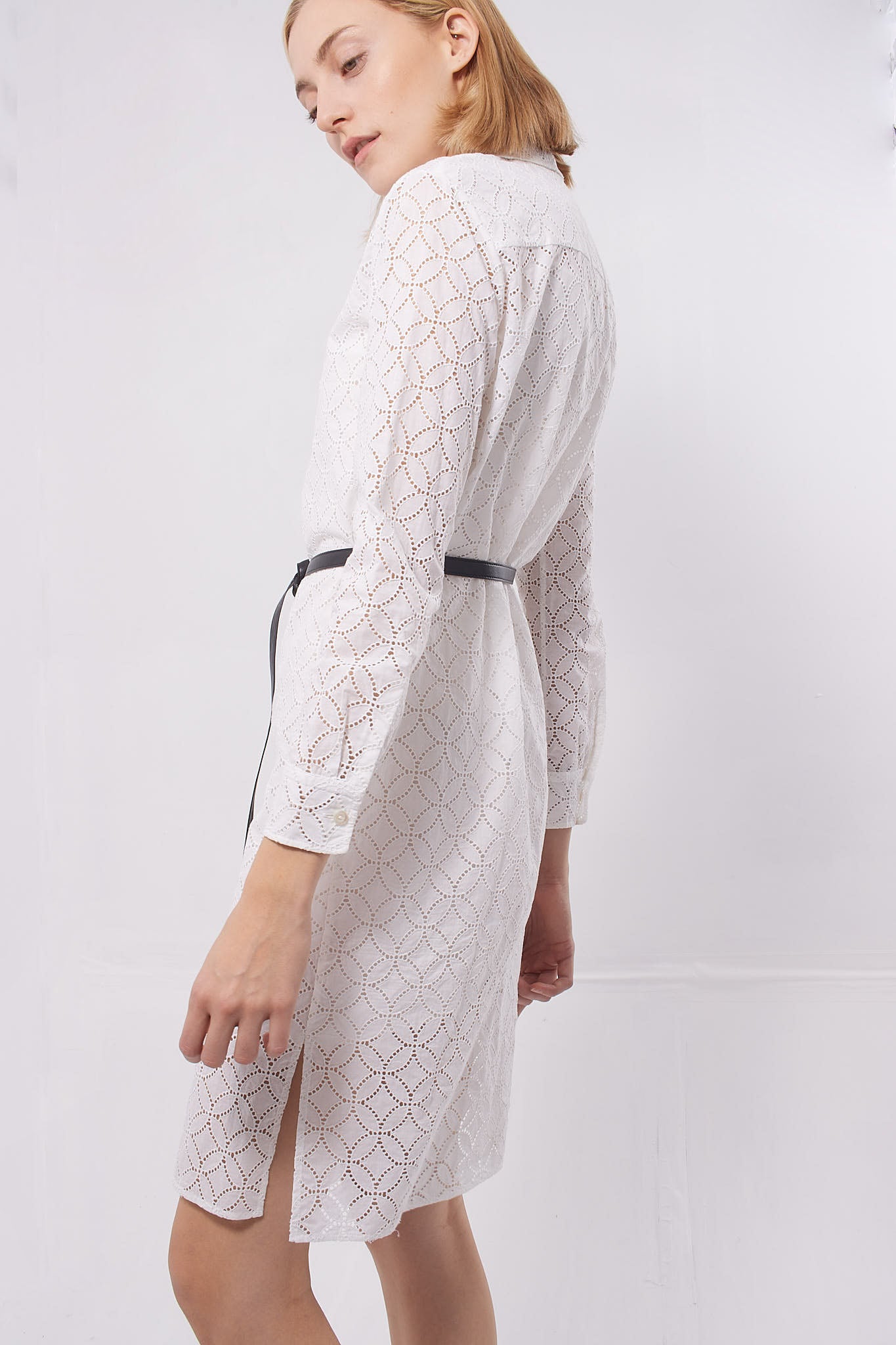 Louis Vuitton White Perforated Button Down Dress with Wrap Belt - 34