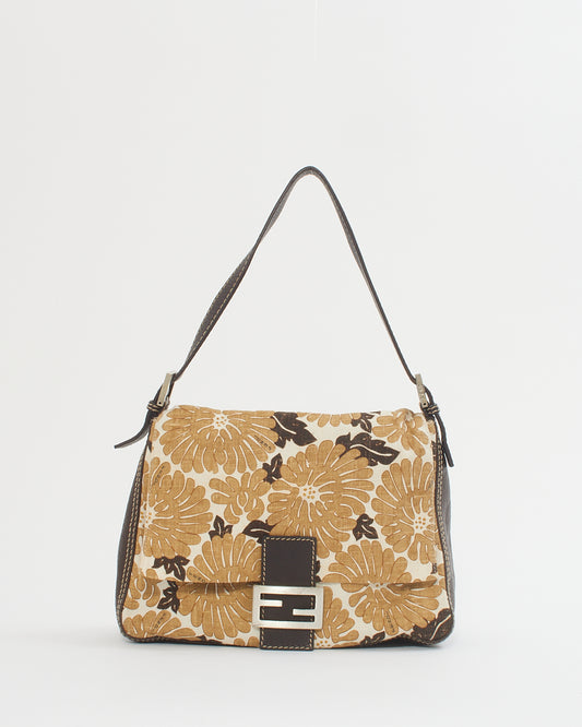 Fendi Brown Leather & Canvas Floral Mama Forever Baguette Bag