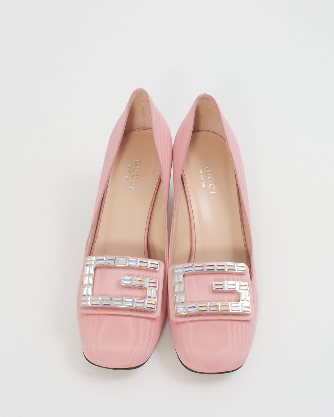 Gucci Pink Moire Fabric Crystal G Madelyn Mid-Heel Pumps
