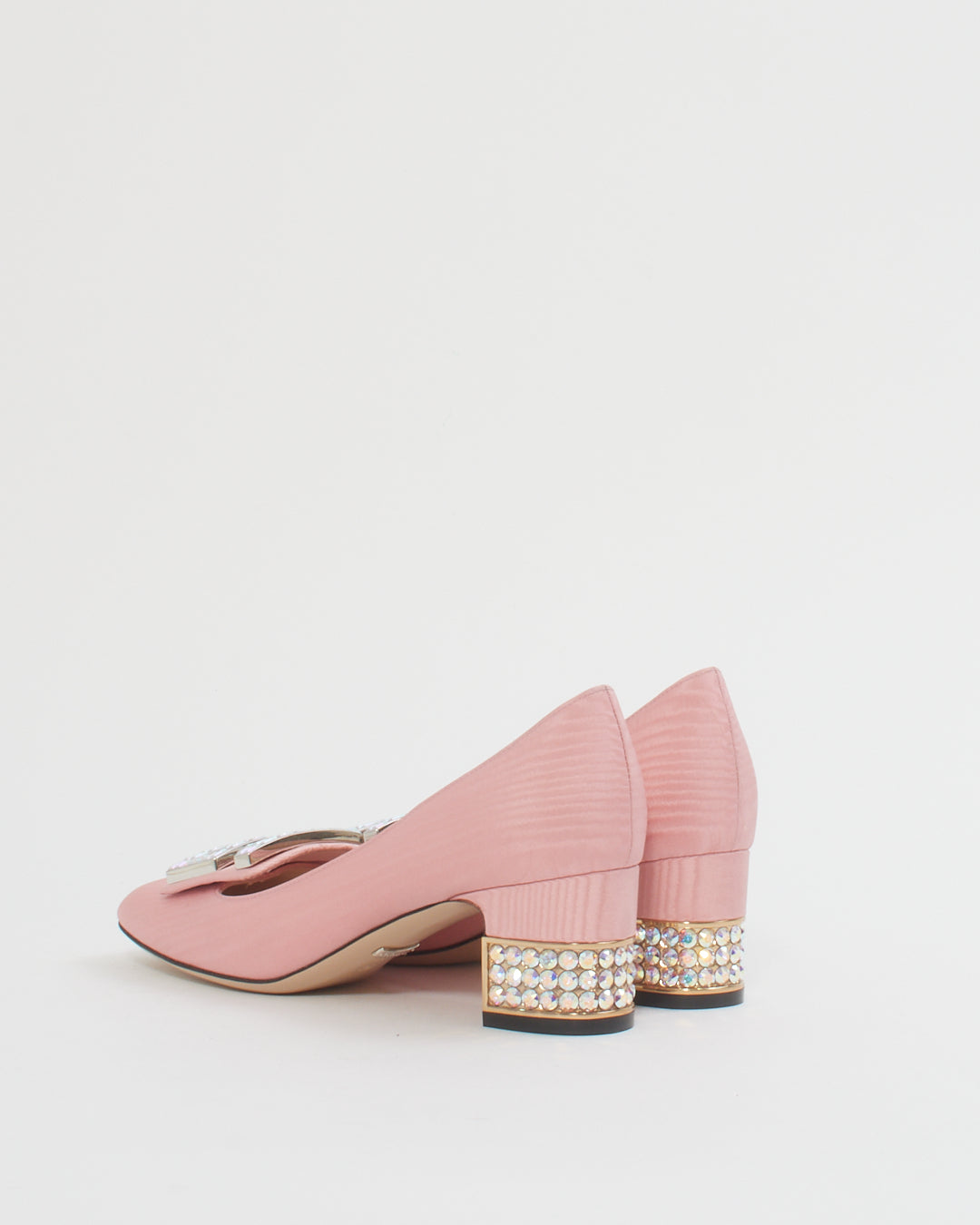 Gucci Pink Moire Fabric Crystal G Madelyn Mid-Heel Pumps
