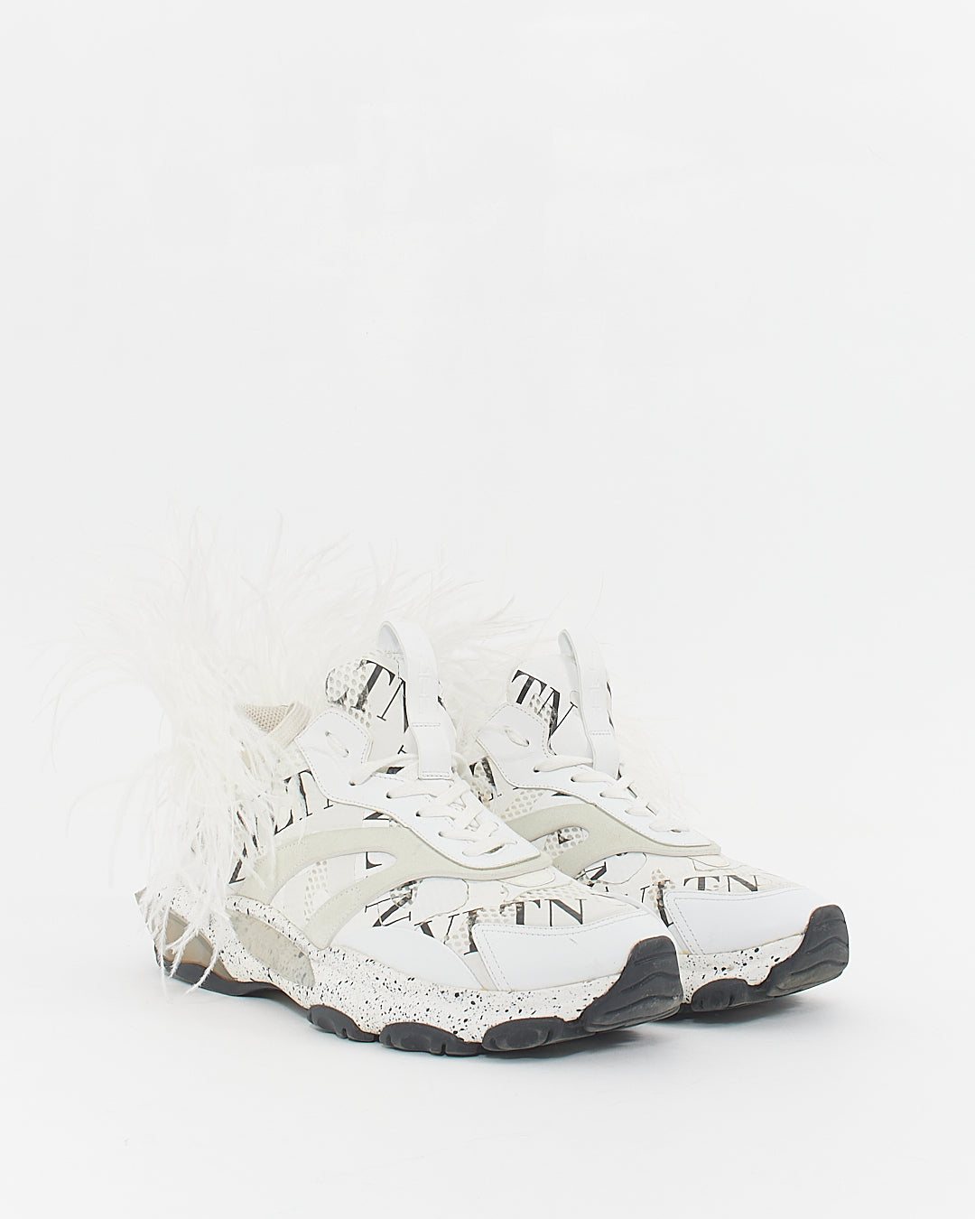 Valentino Men's White/Black Fabric and Leather Camouflage Feathers Sneakers - 44