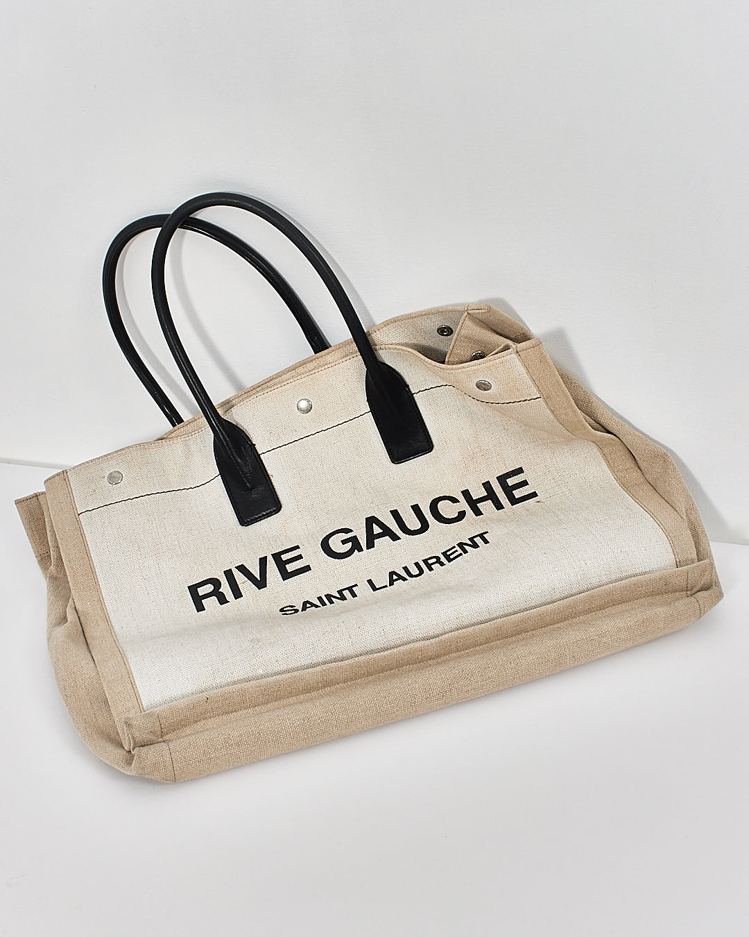 Saint Laurent Grand sac cabas imprimé Rive Gauche en toile blanche Lin