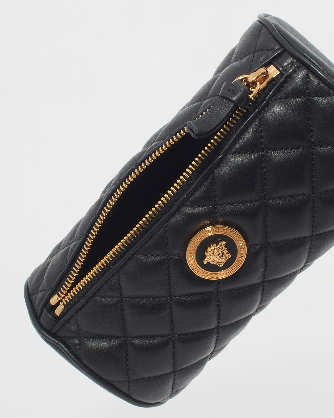 Versace Black Quilted Leather Medusa Head Cylinder Pouch