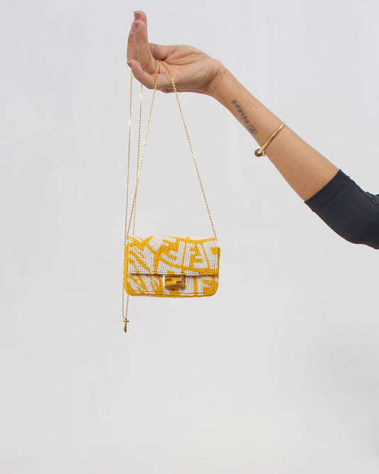 Fendi Yellow and White FF Logo Beaded Nano Baguette Charm Bag
