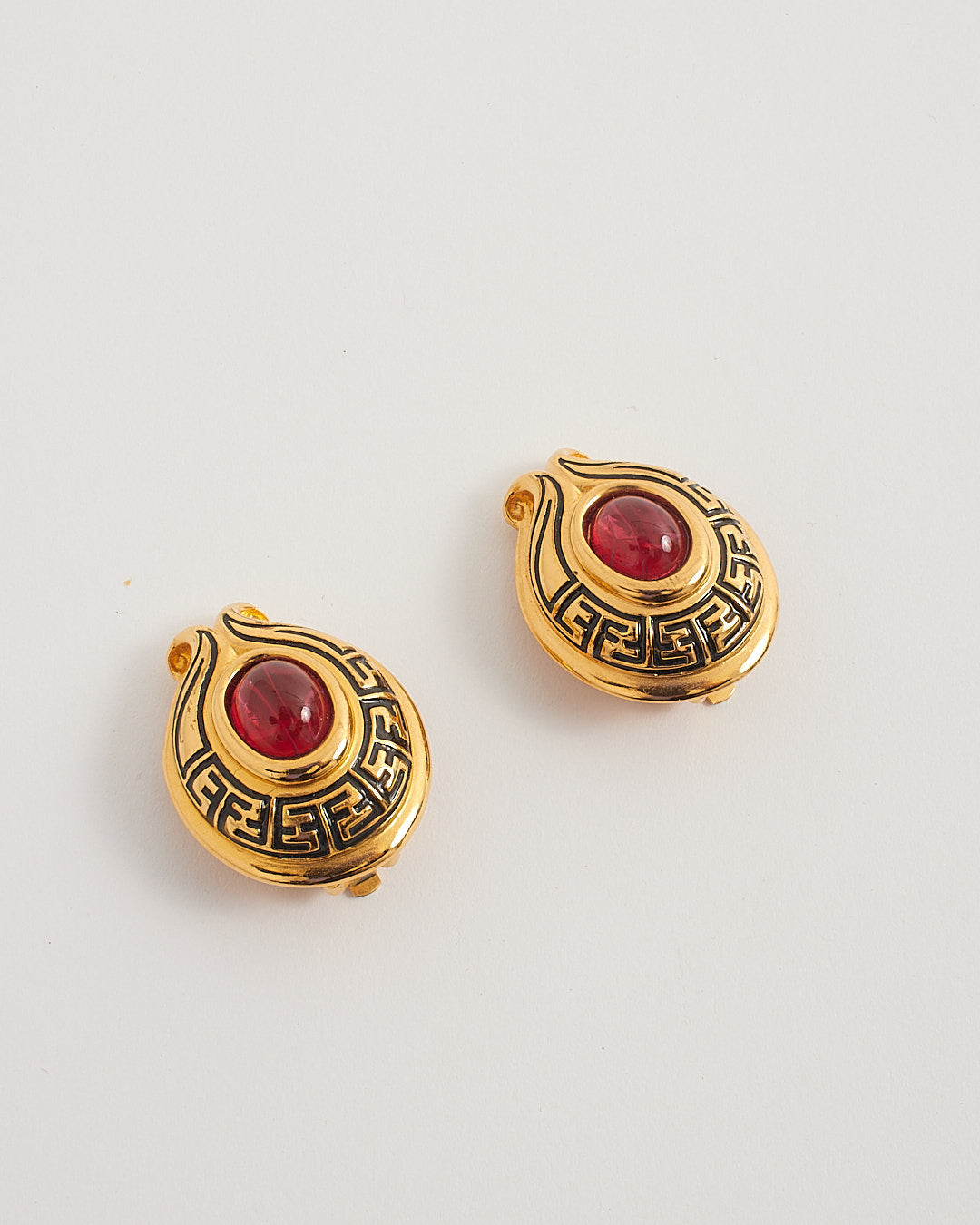 Fendi Vintage Gold Logo / Red Glass Cabochon Stone Clip On Earrings
