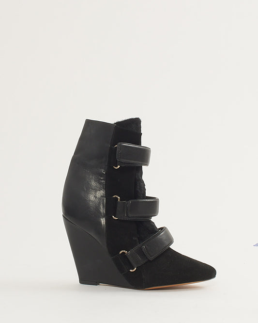 Isabel Marant Black Leather and Pony Fur Velcro Wedge Booties - 39