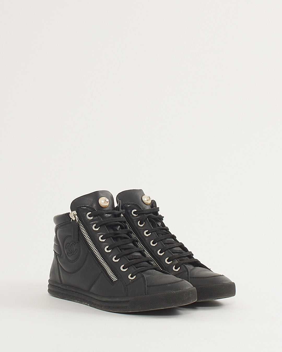 Chanel Black Leather Logo High-Top Sneakers - 38