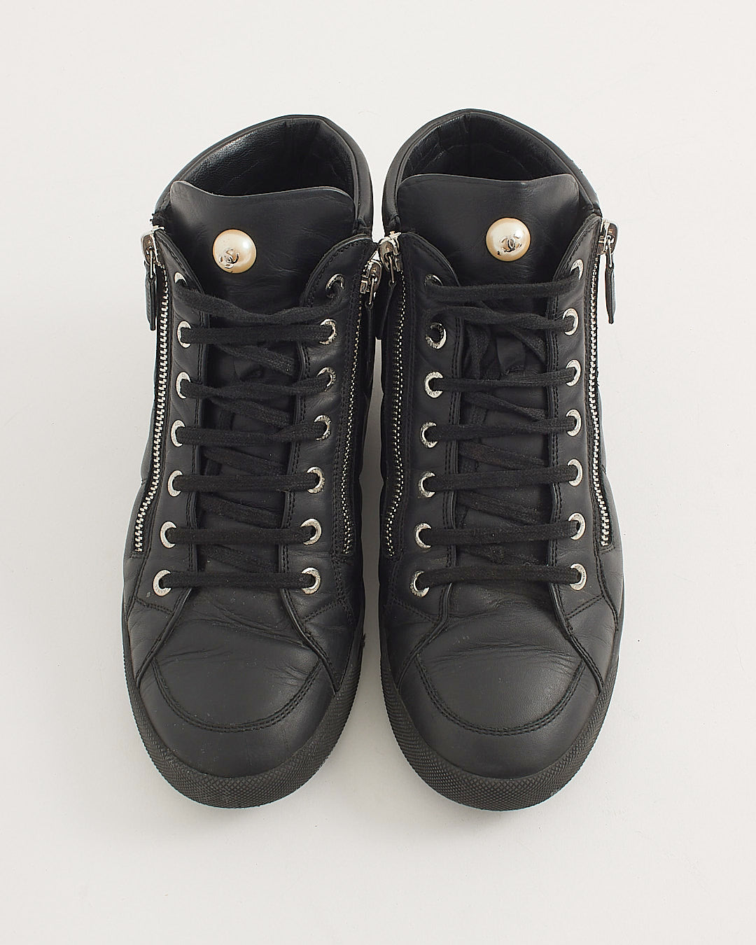 Chanel Black Leather Logo High-Top Sneakers - 38
