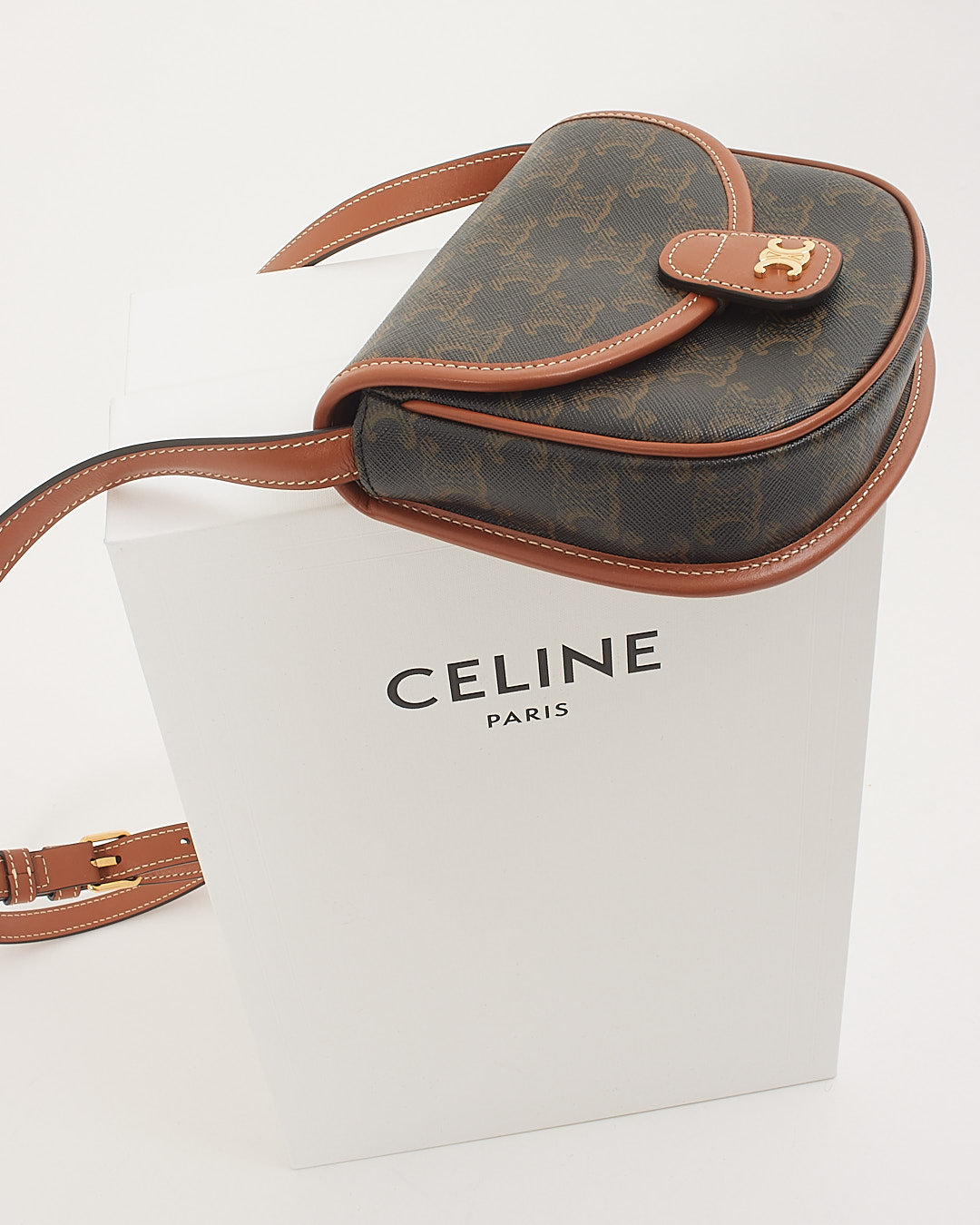 Celine Triomphe Coated Canvas / Tan Leather Trim Mini Besace Crossbody