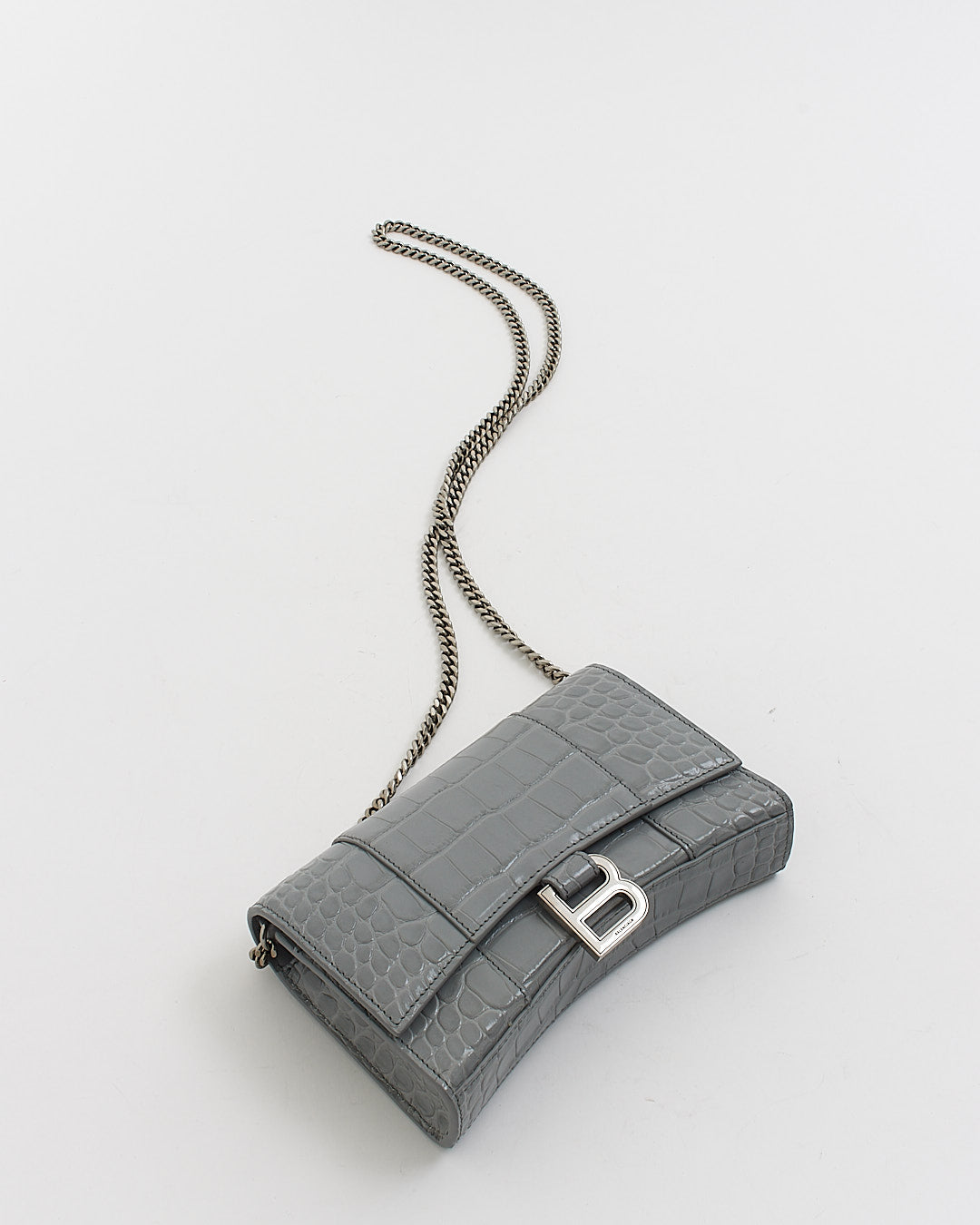 Balenciaga Sac à main portefeuille sur chaîne gris brillant en relief croco