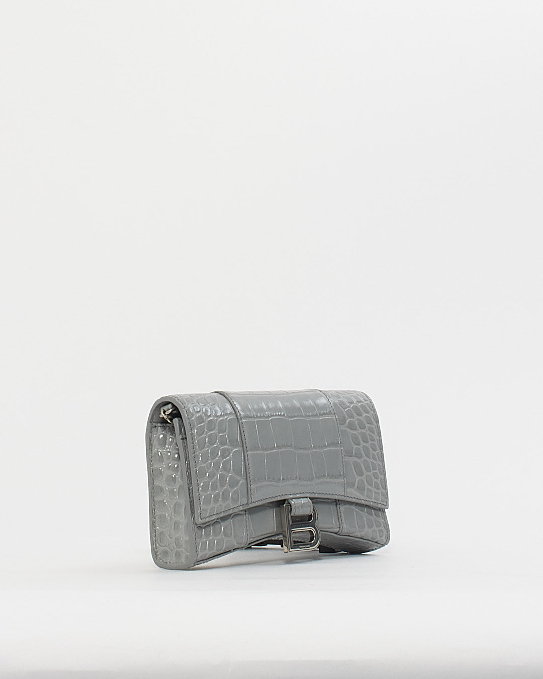 Balenciaga Sac à main portefeuille sur chaîne gris brillant en relief croco