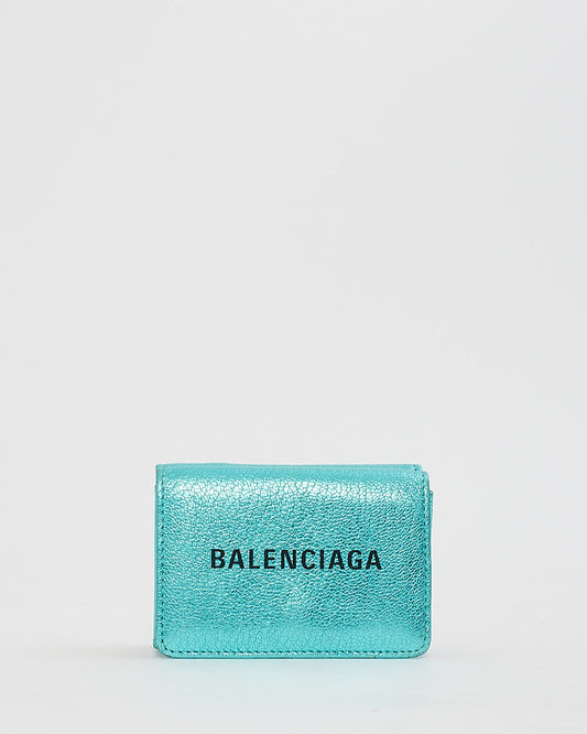 Petit portefeuille à trois volets avec logo en cuir métallisé bleu Balenciaga