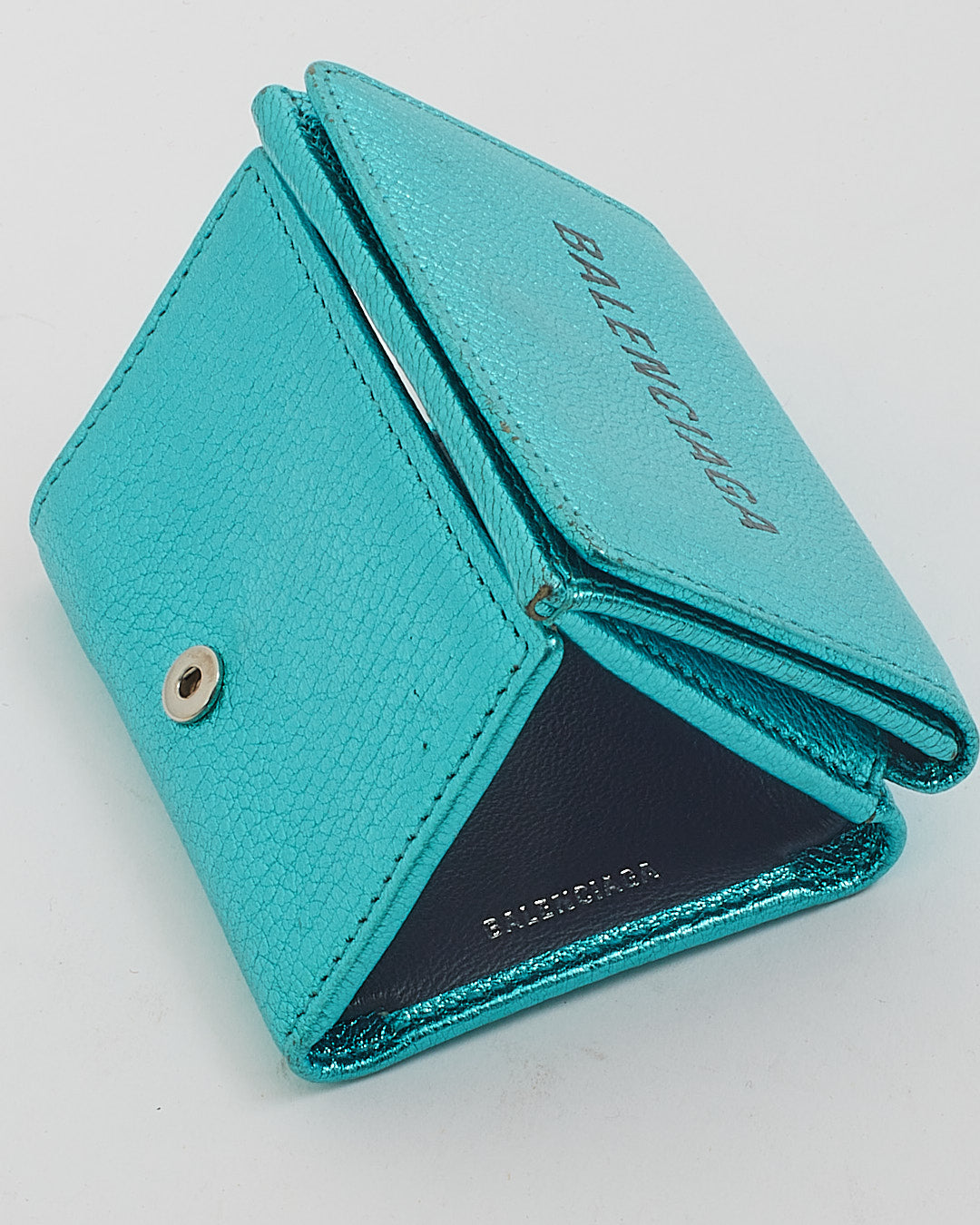 Balenciaga Blue Metallic Leather Logo Small Trifold Wallet