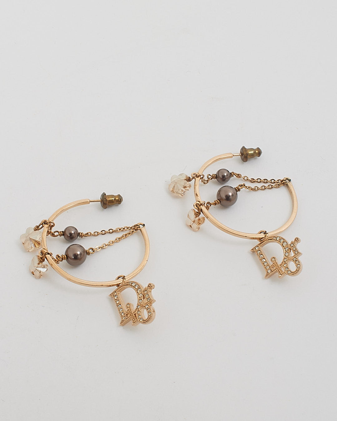 Dior Gold / Resin Pearl Crystal Logo Hoop Earrings