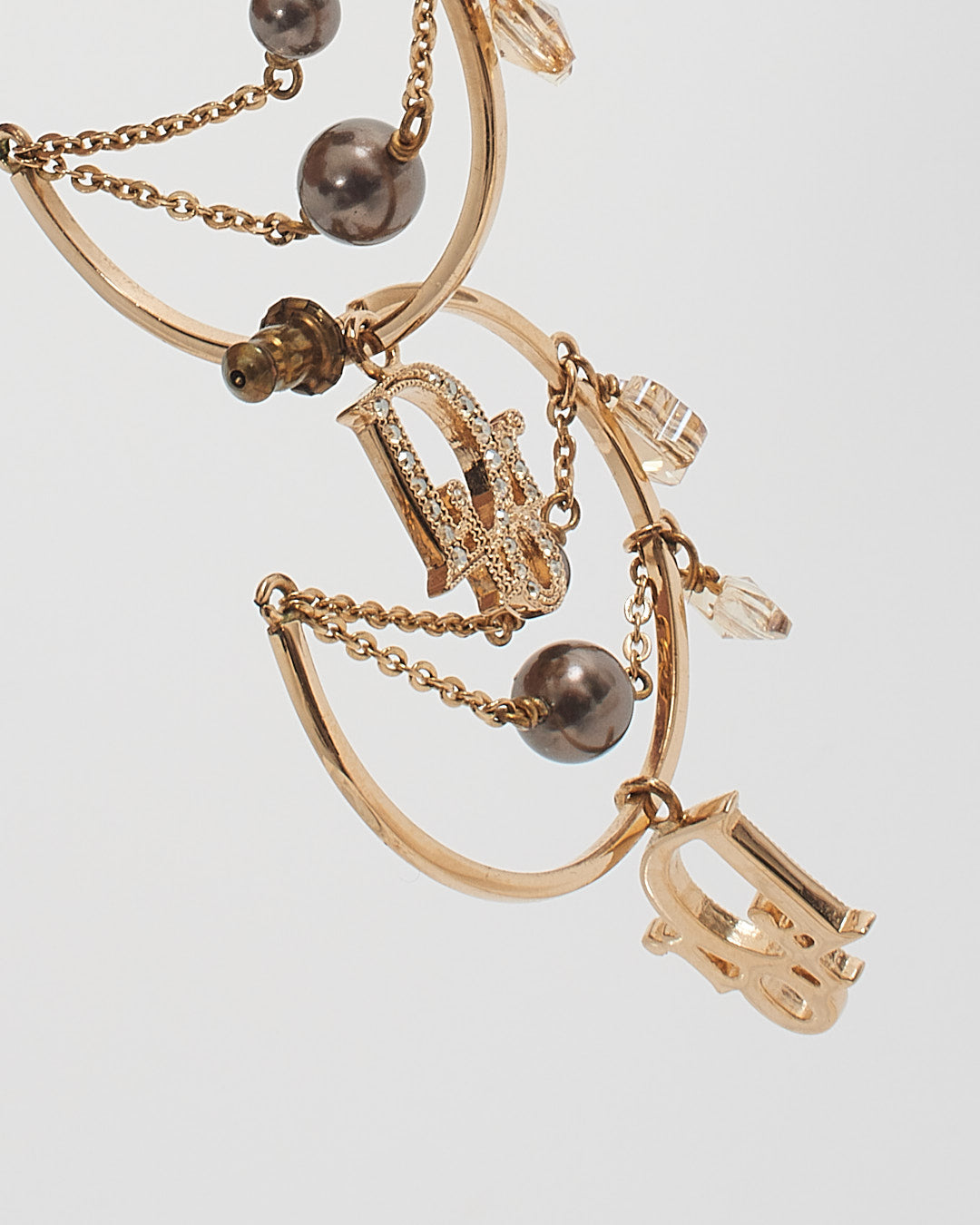 Dior Gold / Resin Pearl Crystal Logo Hoop Earrings