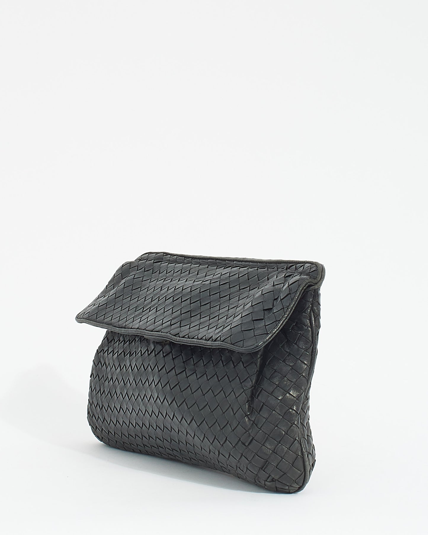 Bottega Veneta Vintage Black Woven Intrecciato Leather Fold Over Clutch