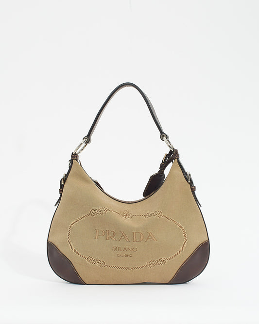 Prada Brown Canvas Logo Jacquard Shoulder Bag