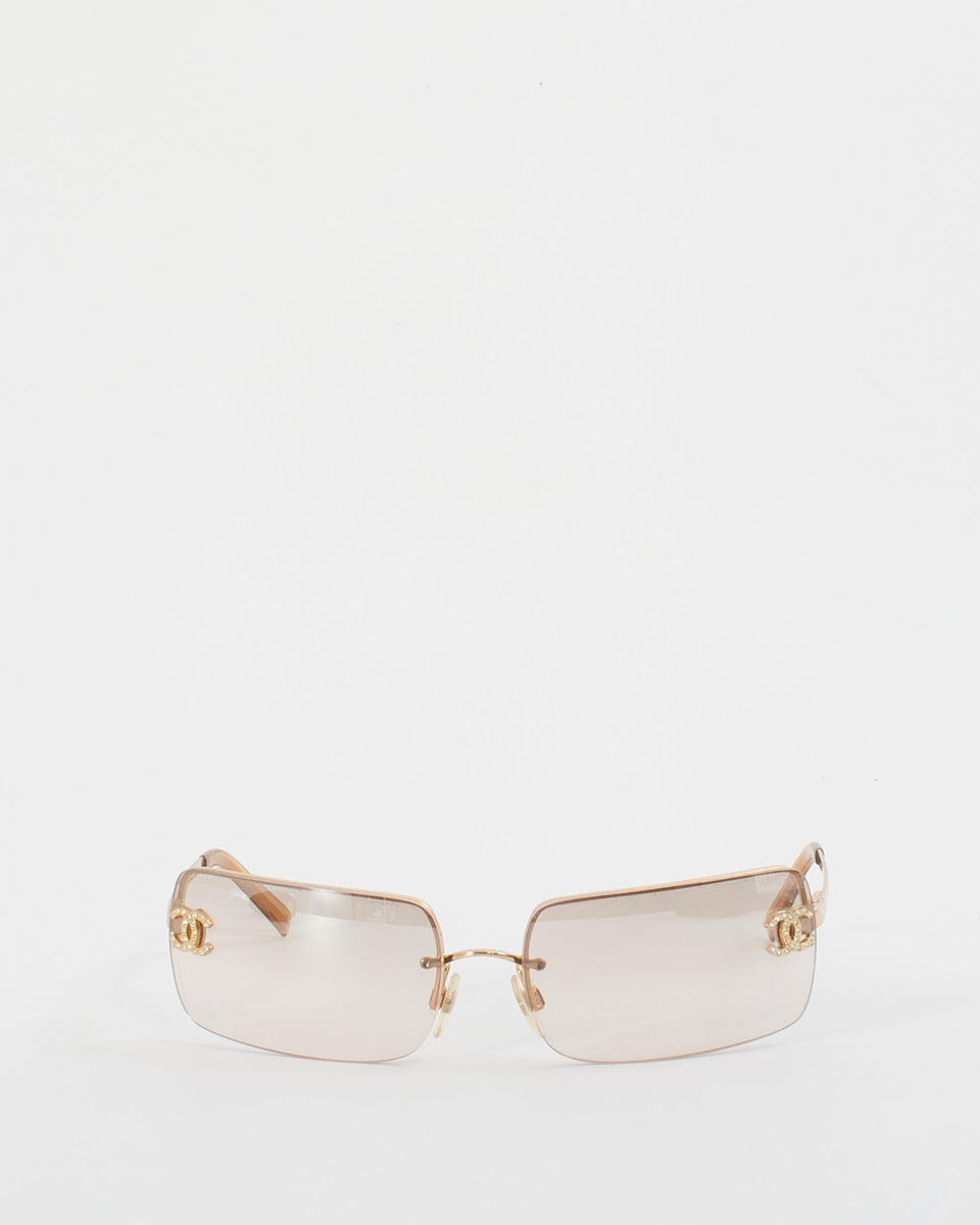 Chanel Vintage Brown Rimless Square Rhinestone Logo Sunglasses - 4104