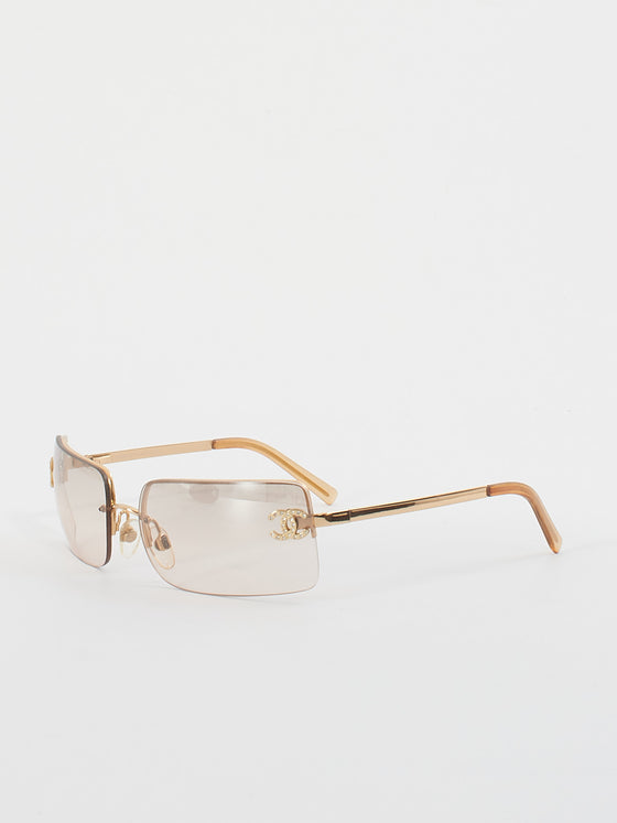 Chanel Vintage Brown Rimless Square Rhinestone Logo Sunglasses - 4104 -B