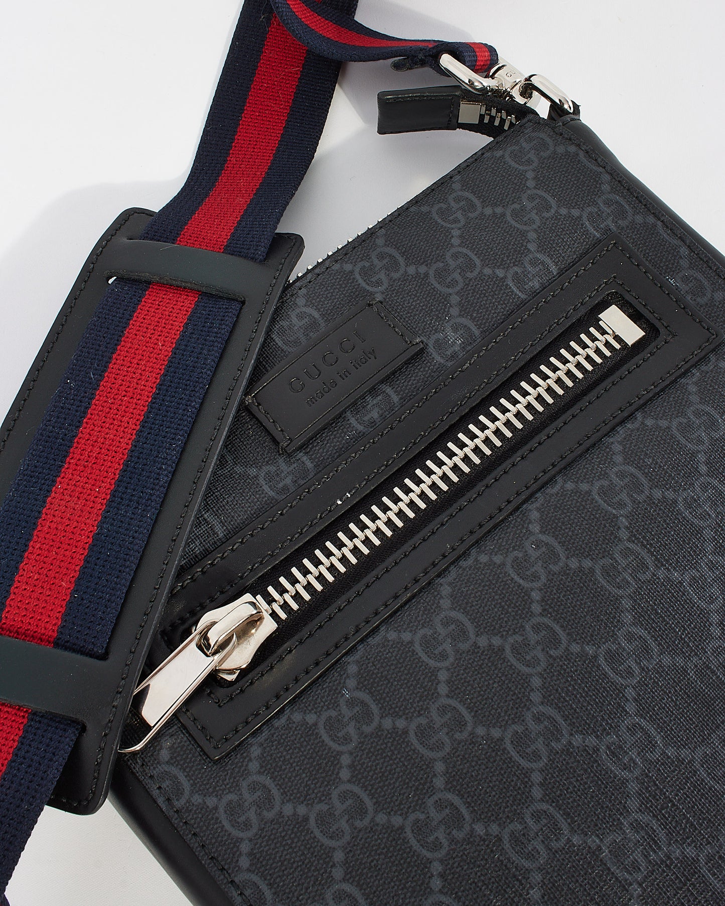 Gucci Black GG Supreme Monogram Canvas Small Web Flat Messenger Bag
