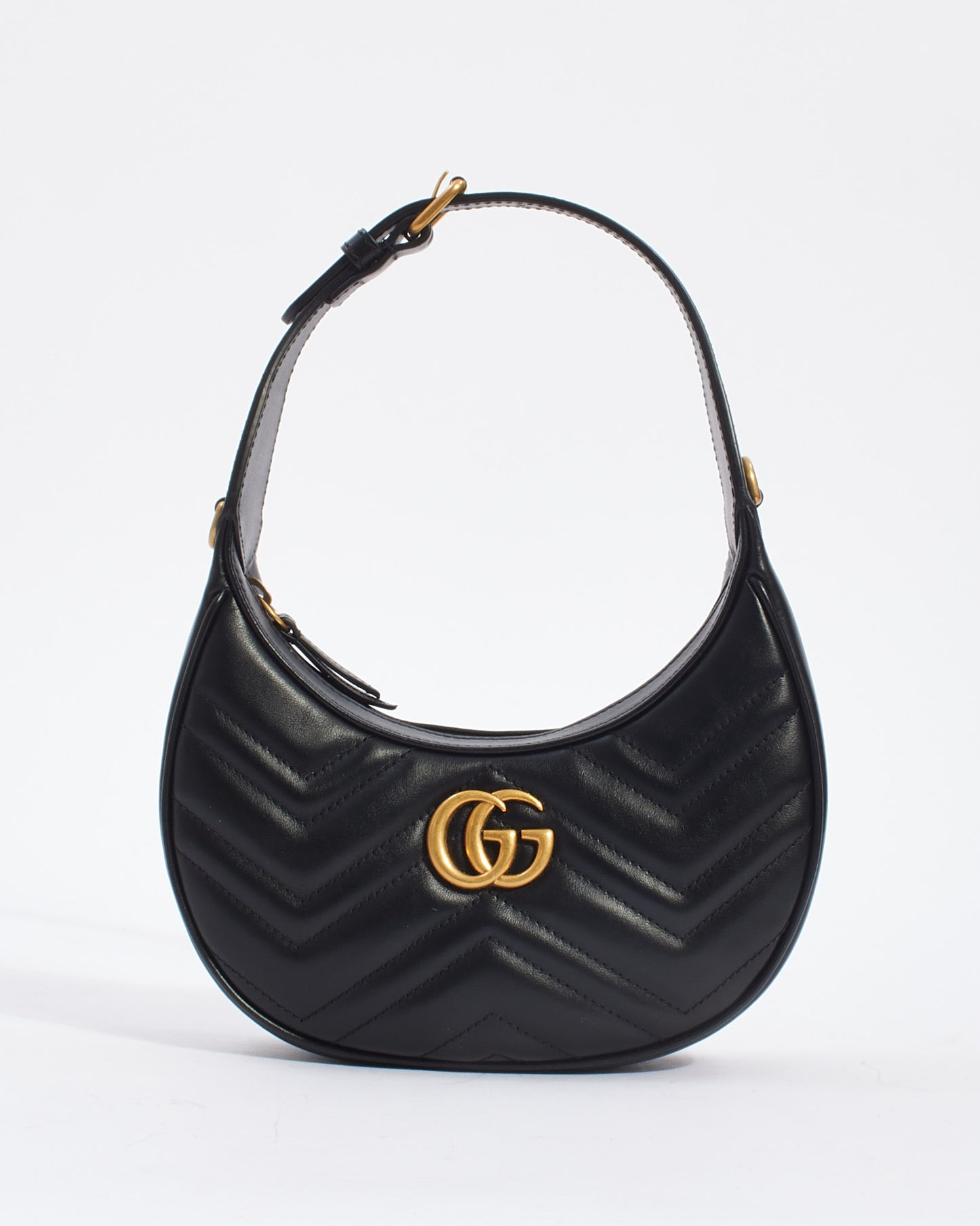 Gucci Black Matelassé Leather GG Marmont Half-Moon-Shaped Mini Bag