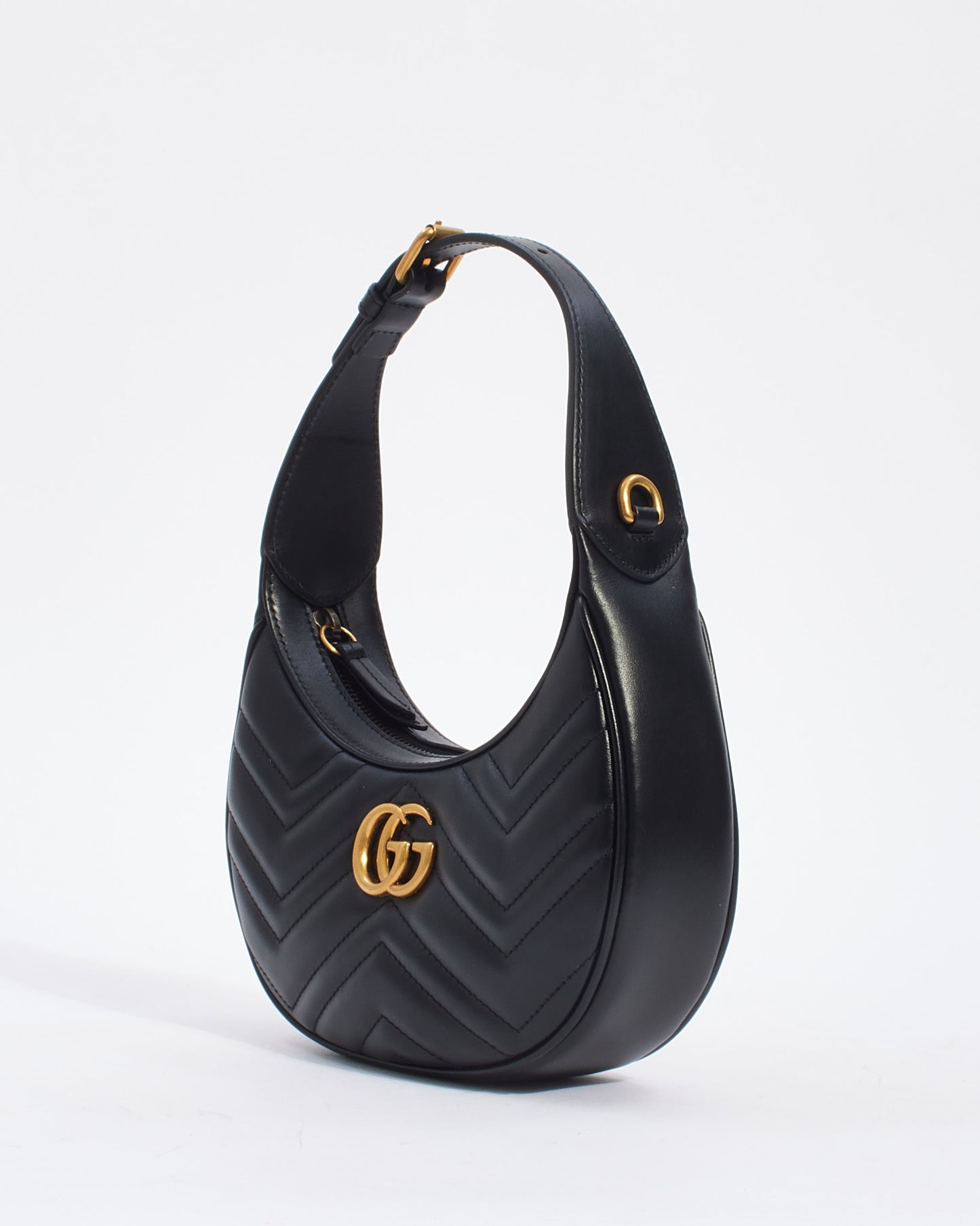 Gucci Black Matelassé Leather GG Marmont Half-Moon-Shaped Mini Bag