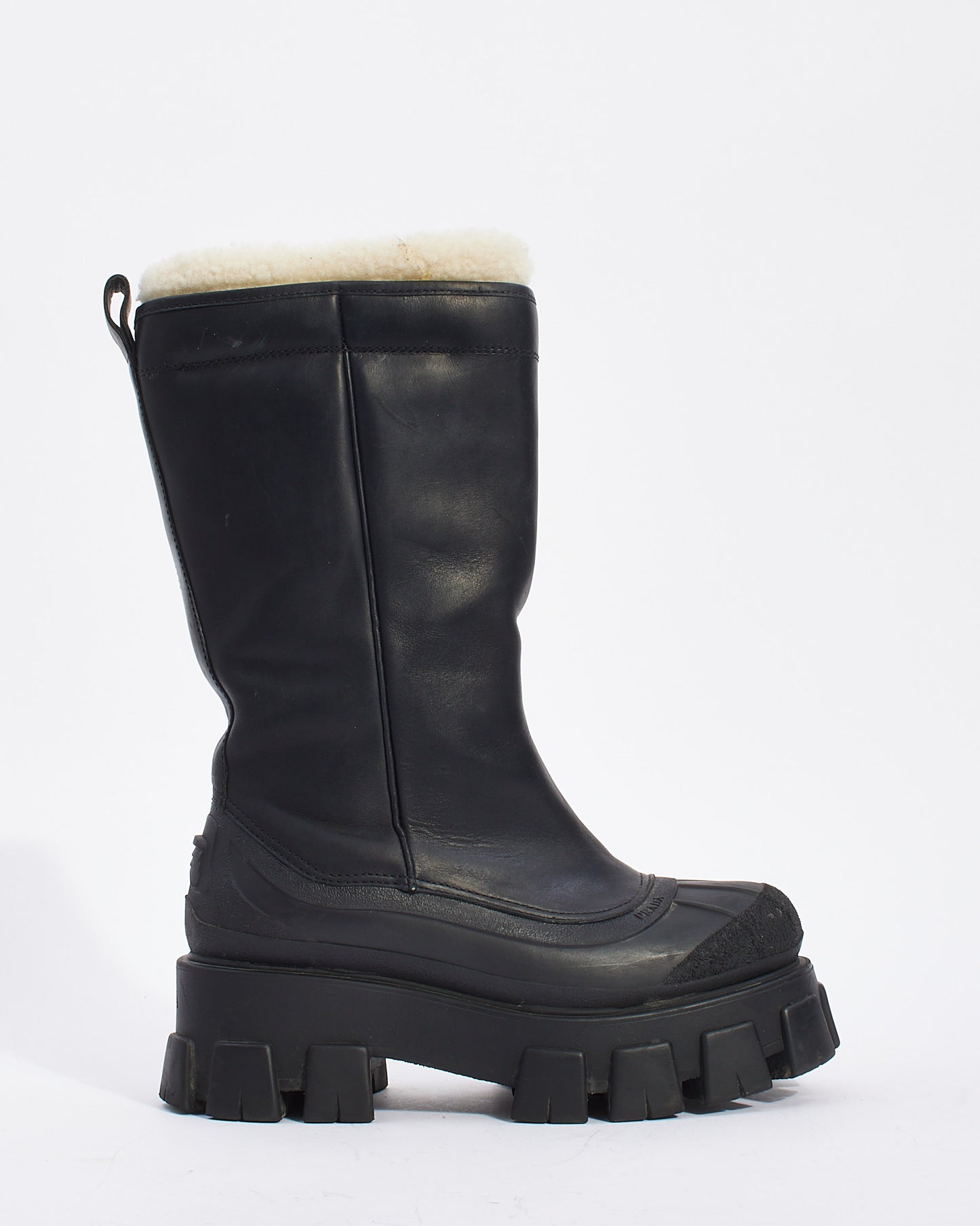 Prada Black Leather Shearling Trimmed Monolith Leather Boots - 37.5