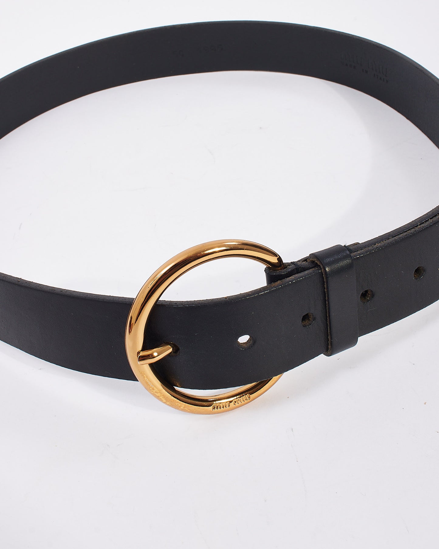 Miu Miu Vintage Black Leather Gold Round Logo Buckle Belt - 90/36
