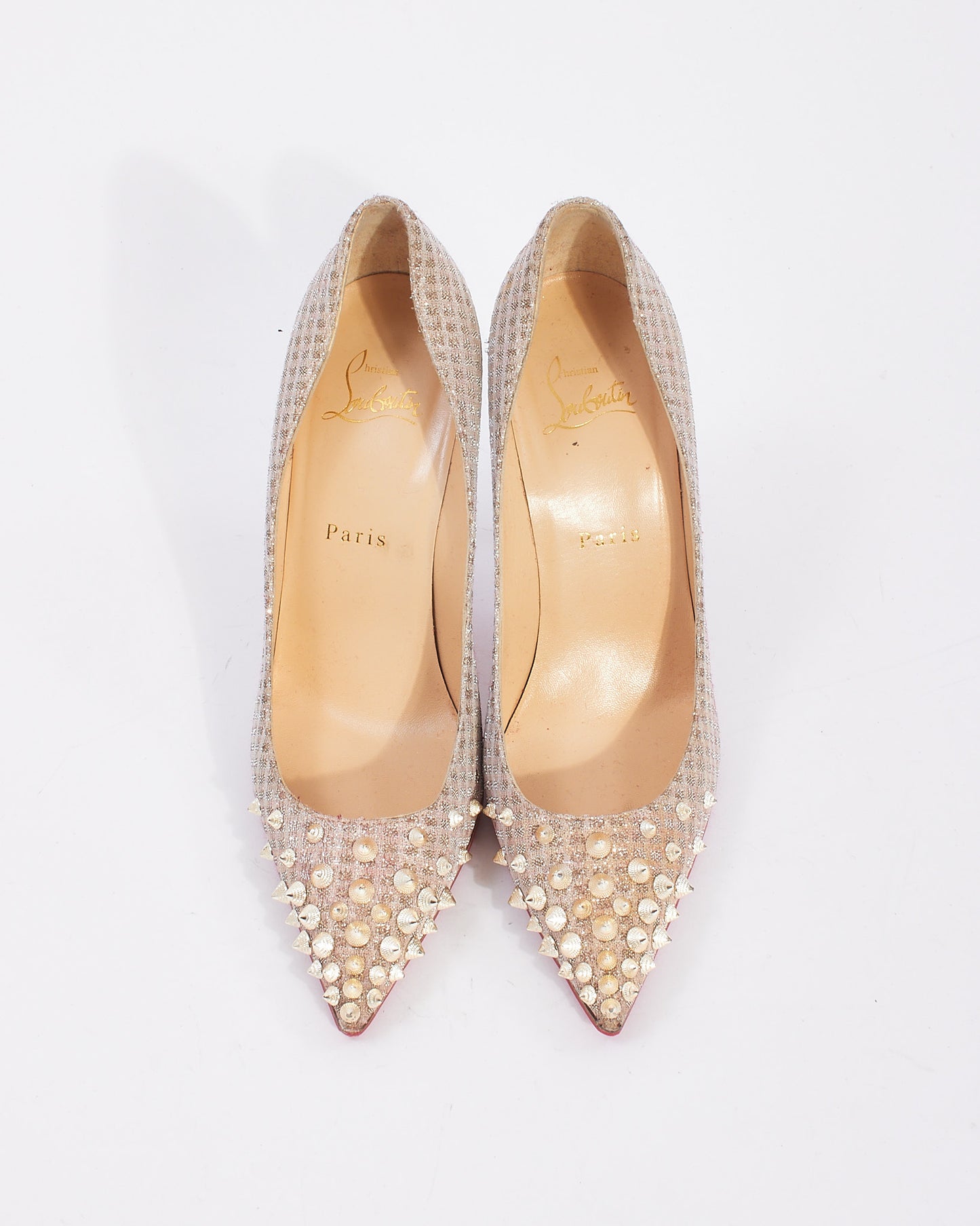 Christian Louboutin Blush/Silver Lame Spike Pointed Toe Pumps - 37.5