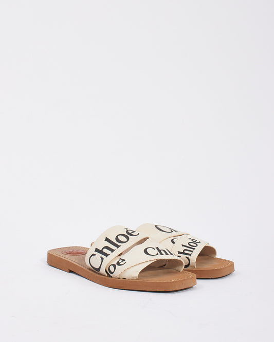 Chloé White/Tan Woody Logo Sandals - 40