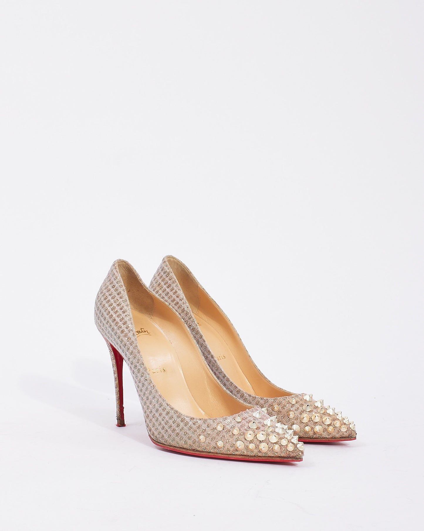 Christian Louboutin Blush/Silver Lame Spike Pointed Toe Pumps - 37.5