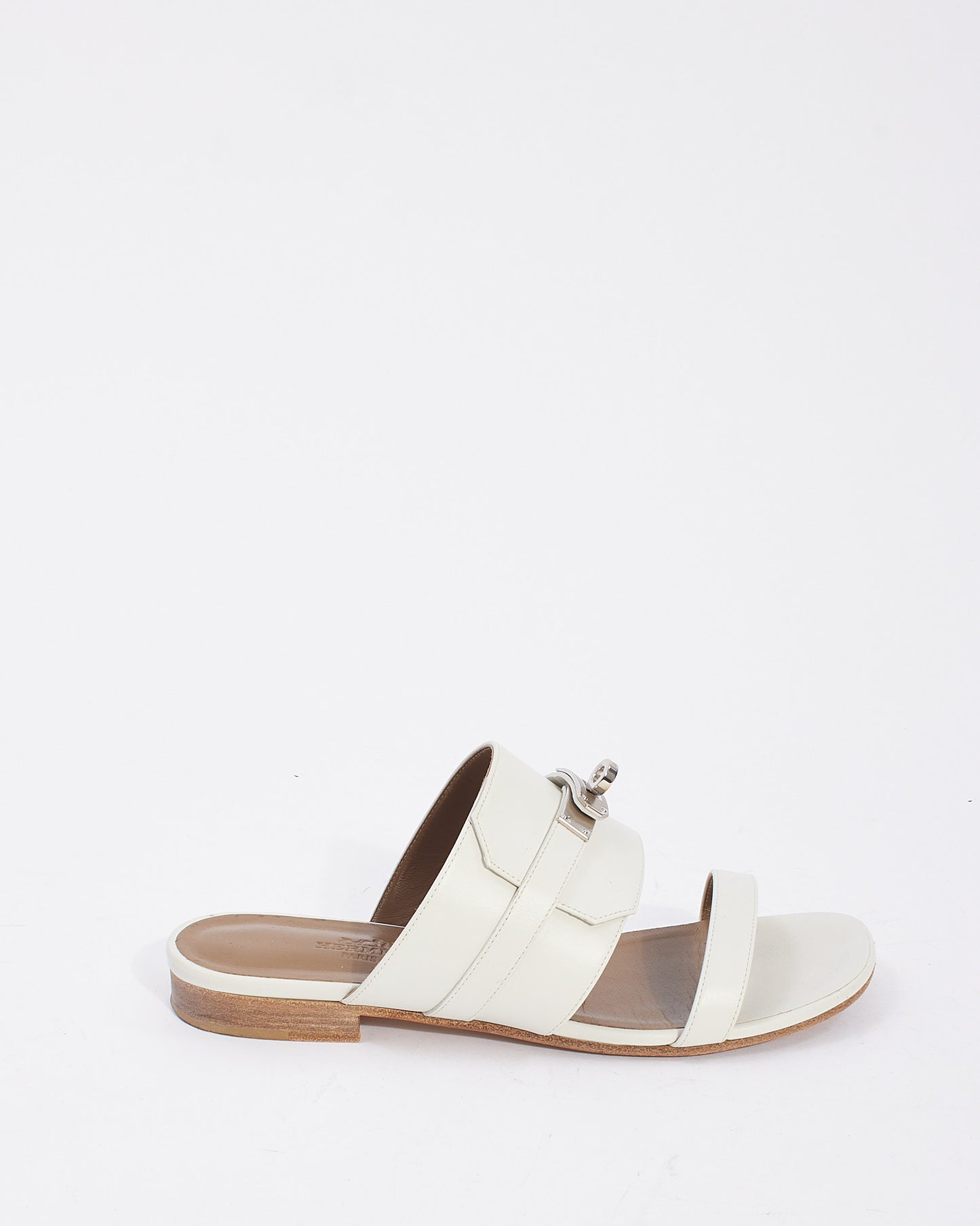 Hermès White Leather Avenue Kelly Flat Sandals - 37