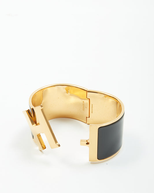 Hermes Black Enamel Gold Plated Extra Large H Clic Bracelet
