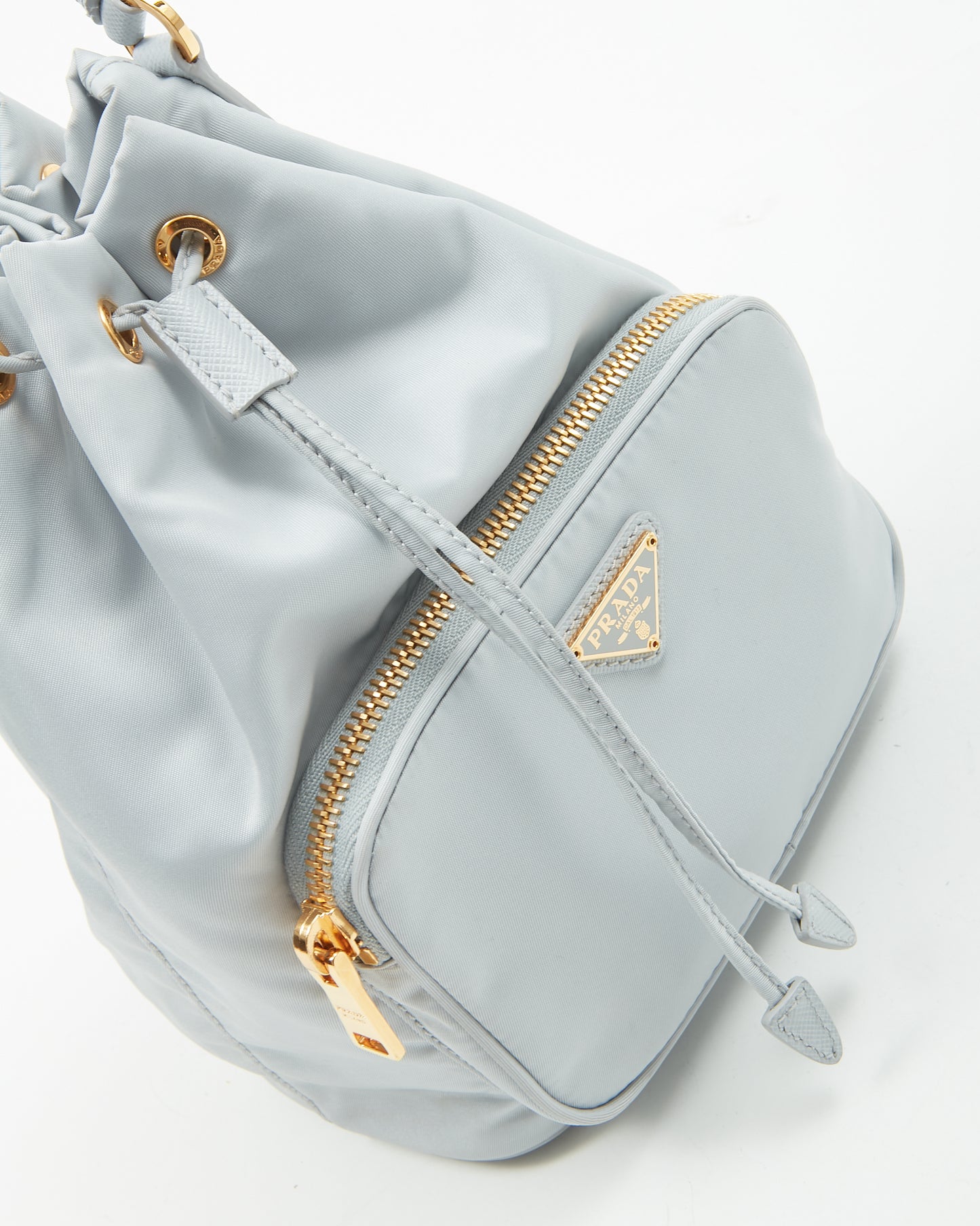 Prada Ice Blue Saffiano-Trimmed Tessuto Mini Bucket Bag
