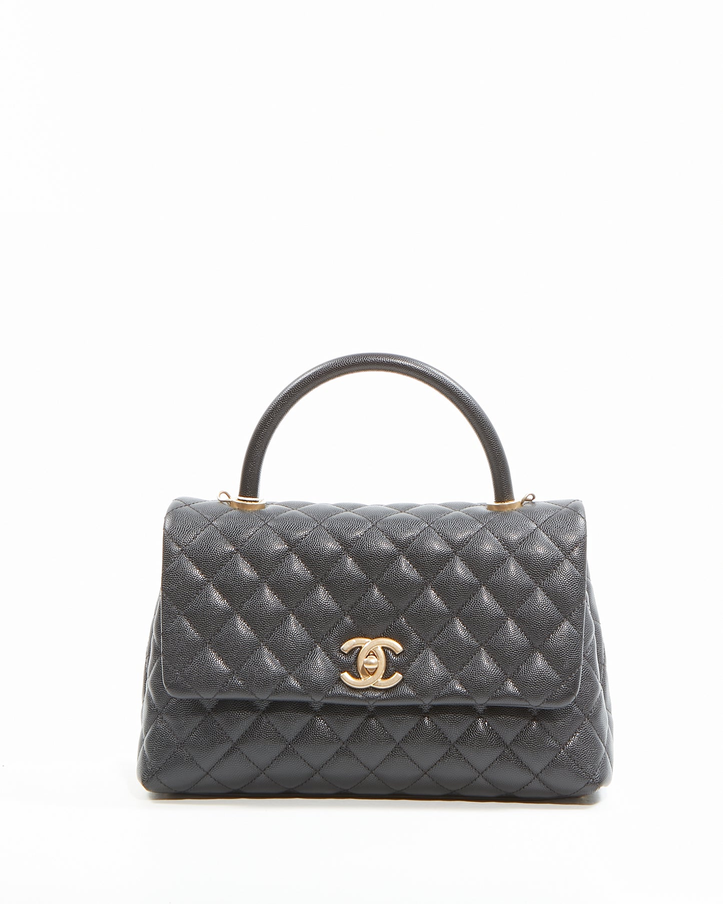 Sac à rabat avec poignée en coco matelassé moyen Chanel Black Caviar