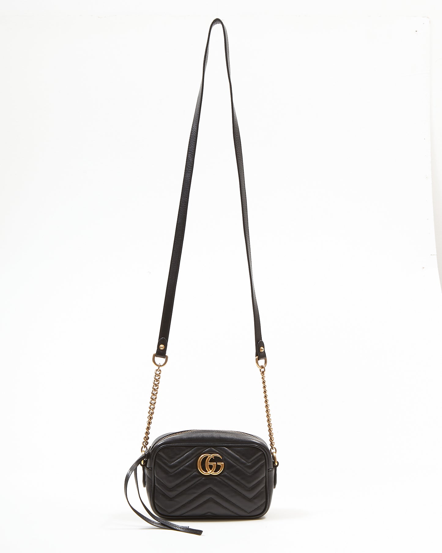 Gucci Black Leather Marmont Matelasse Chain Mini Camera Bag