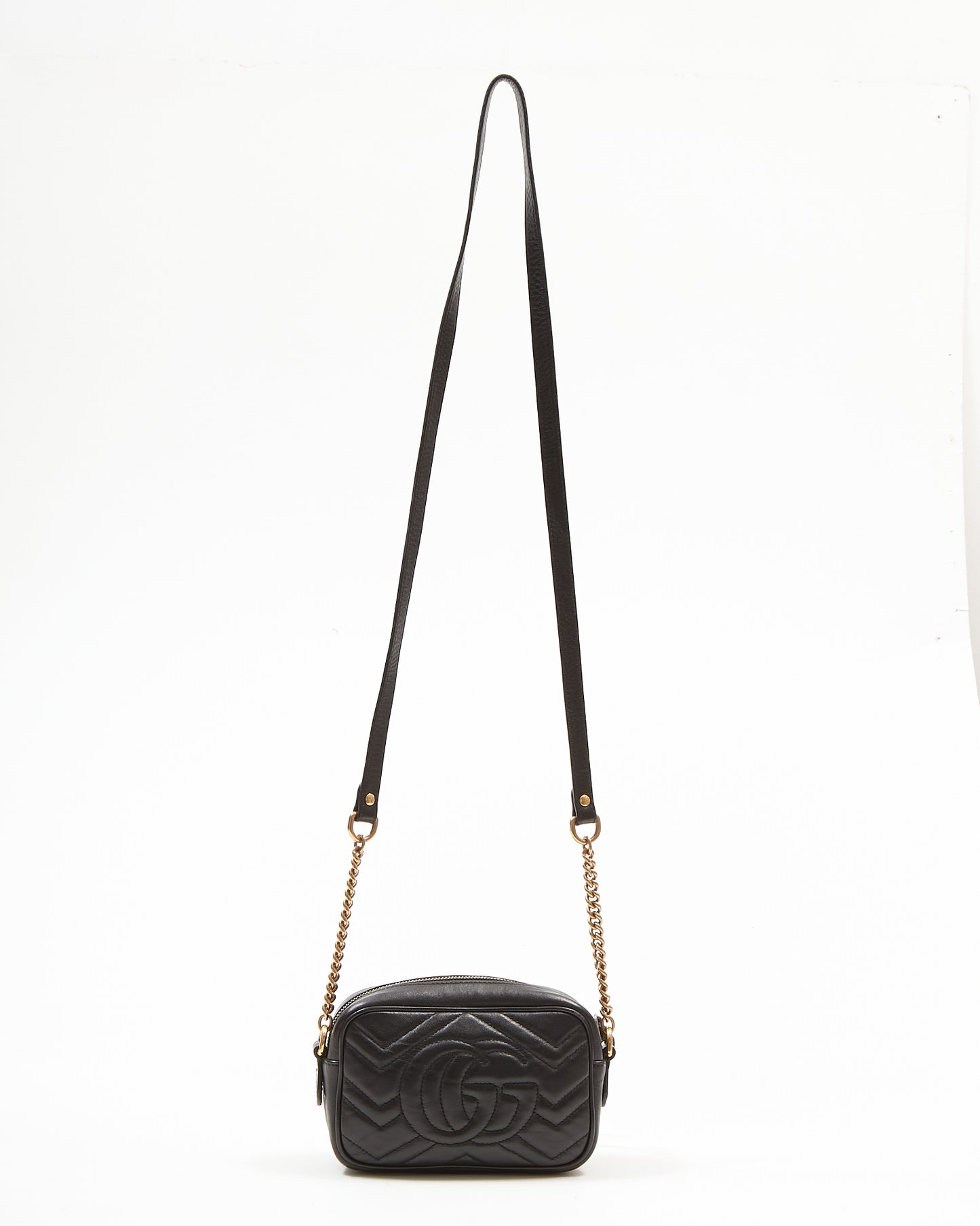Gucci Black Leather Marmont Matelasse Chain Mini Camera Bag