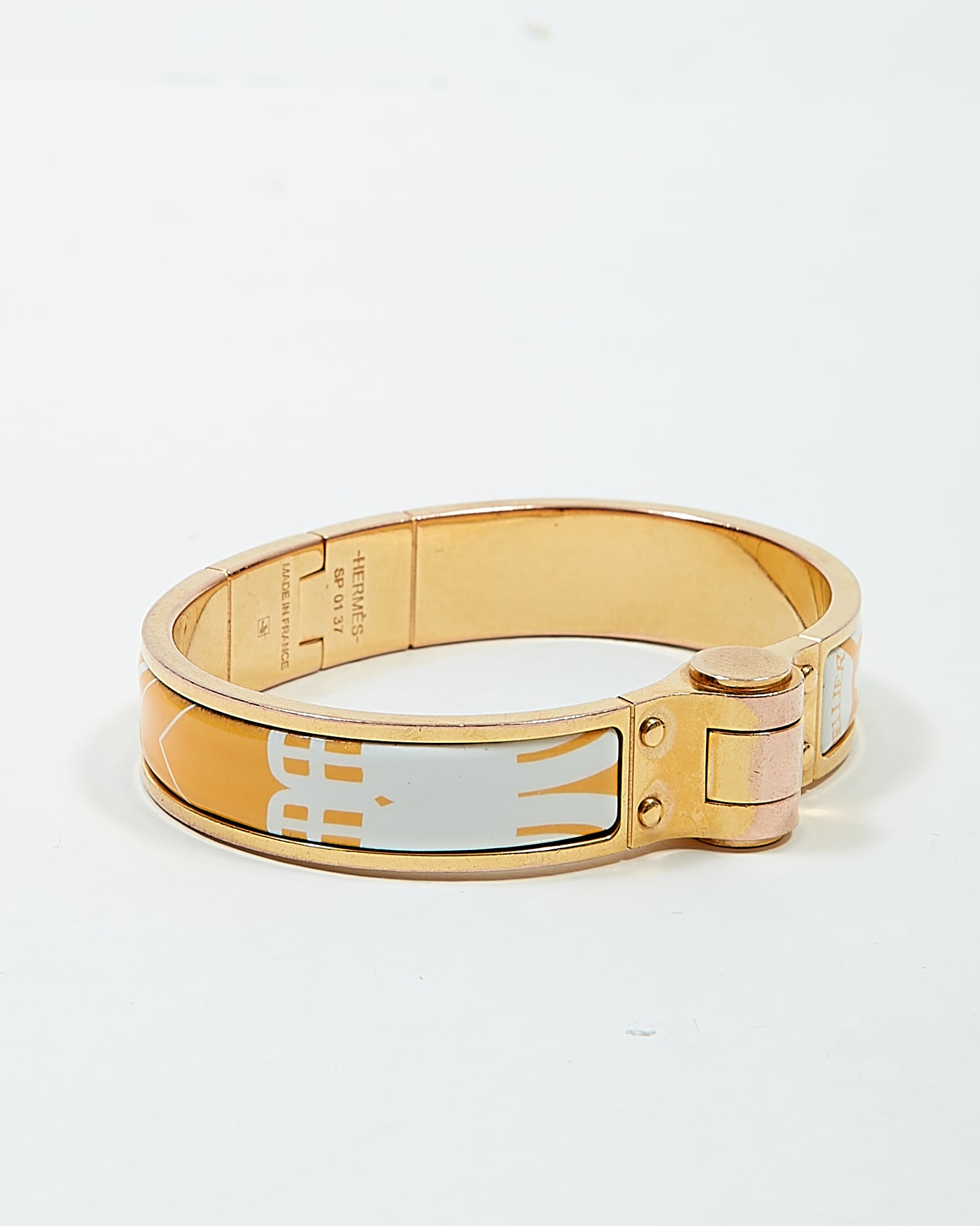 Hermes Yellow/White Sellier 18K Gold Plated Brass Hinged Enamel Bracelet