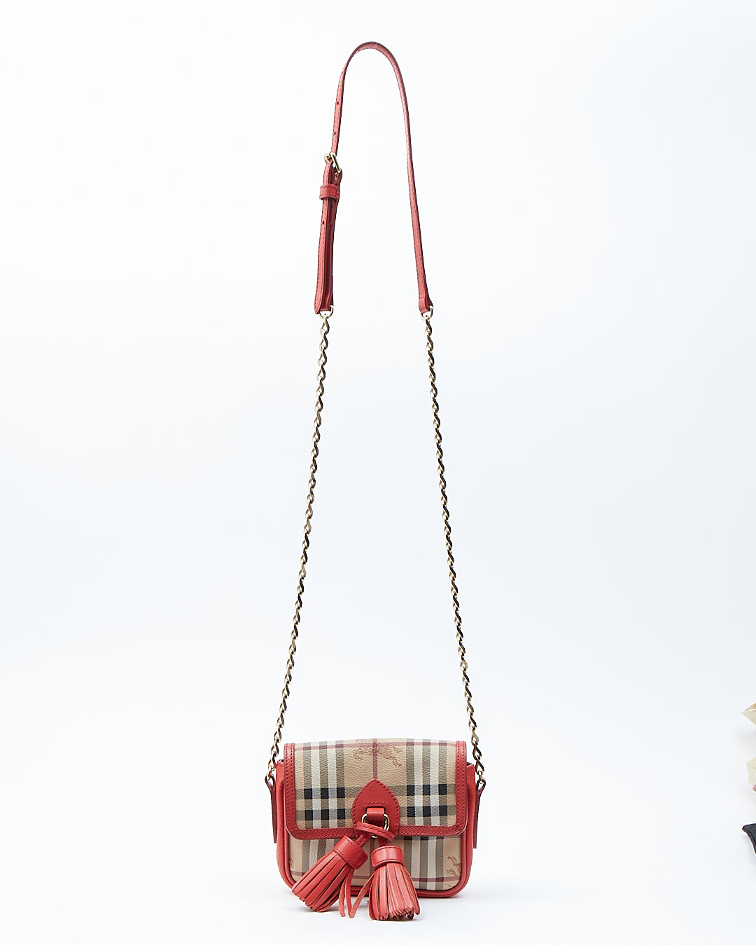 Burberry Red/Coral Leather & Coated Canvas Nova Check Small Crossbody Bag