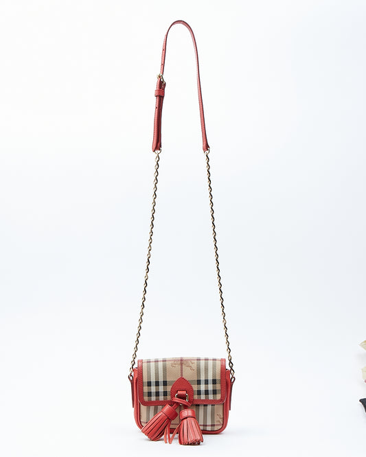Burberry Red/Coral Leather & Coated Canvas Nova Check Small Crossbody Bag