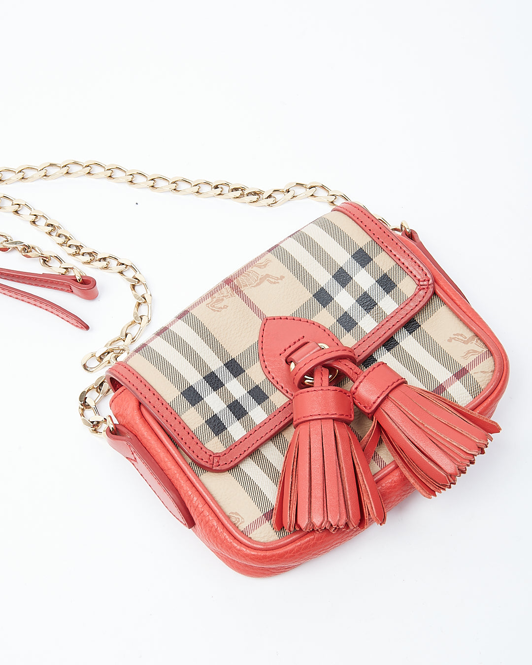 Burberry Red/Coral Leather & Coated Canvas Nova Check Small Crossbody Bag