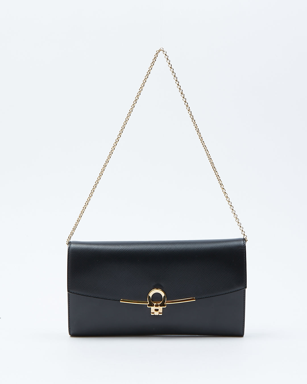Ferragamo Black Leather Flap Wallet On Chain Shoulder Bag